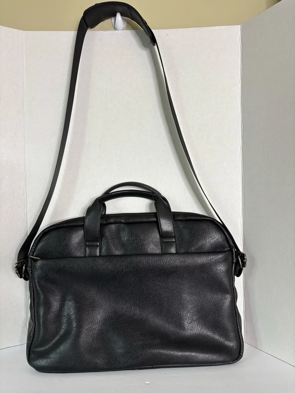 Classic Black Leather Laptop Briefcase with Shoulder Strap
